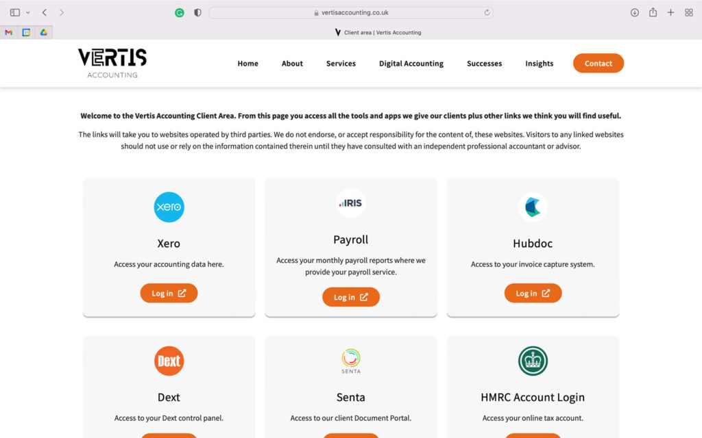 Vertis Accounting provides a client area so their users can easily locate common logins or resources