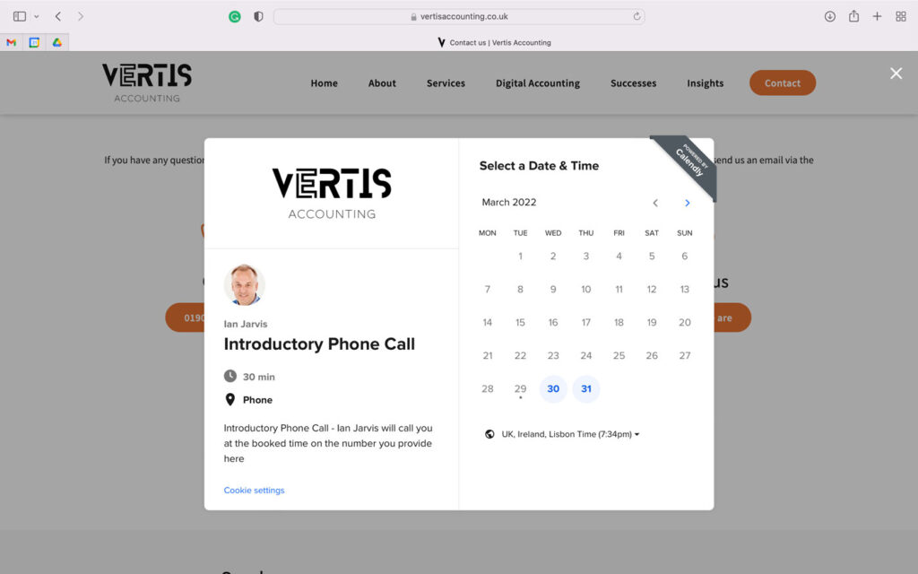 The Vertis Accounting Website features an appointment booking system for ease of use UX