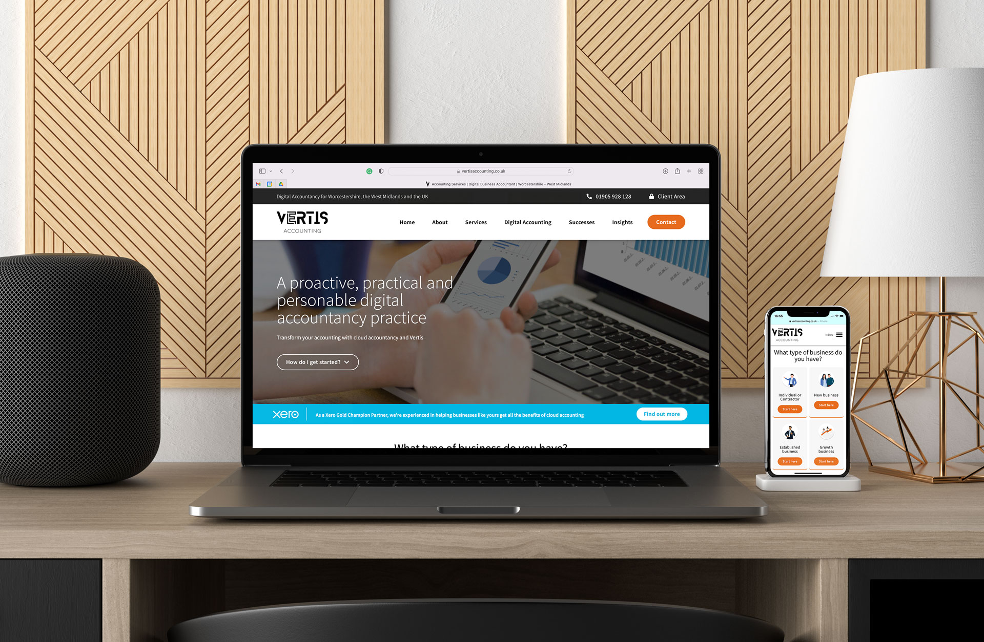 The Vertis Accounting Website - Responsive Web Design for Vertis Accounting from Noble Digital - sown on a laptop and smartphone, alongside a smart speaker