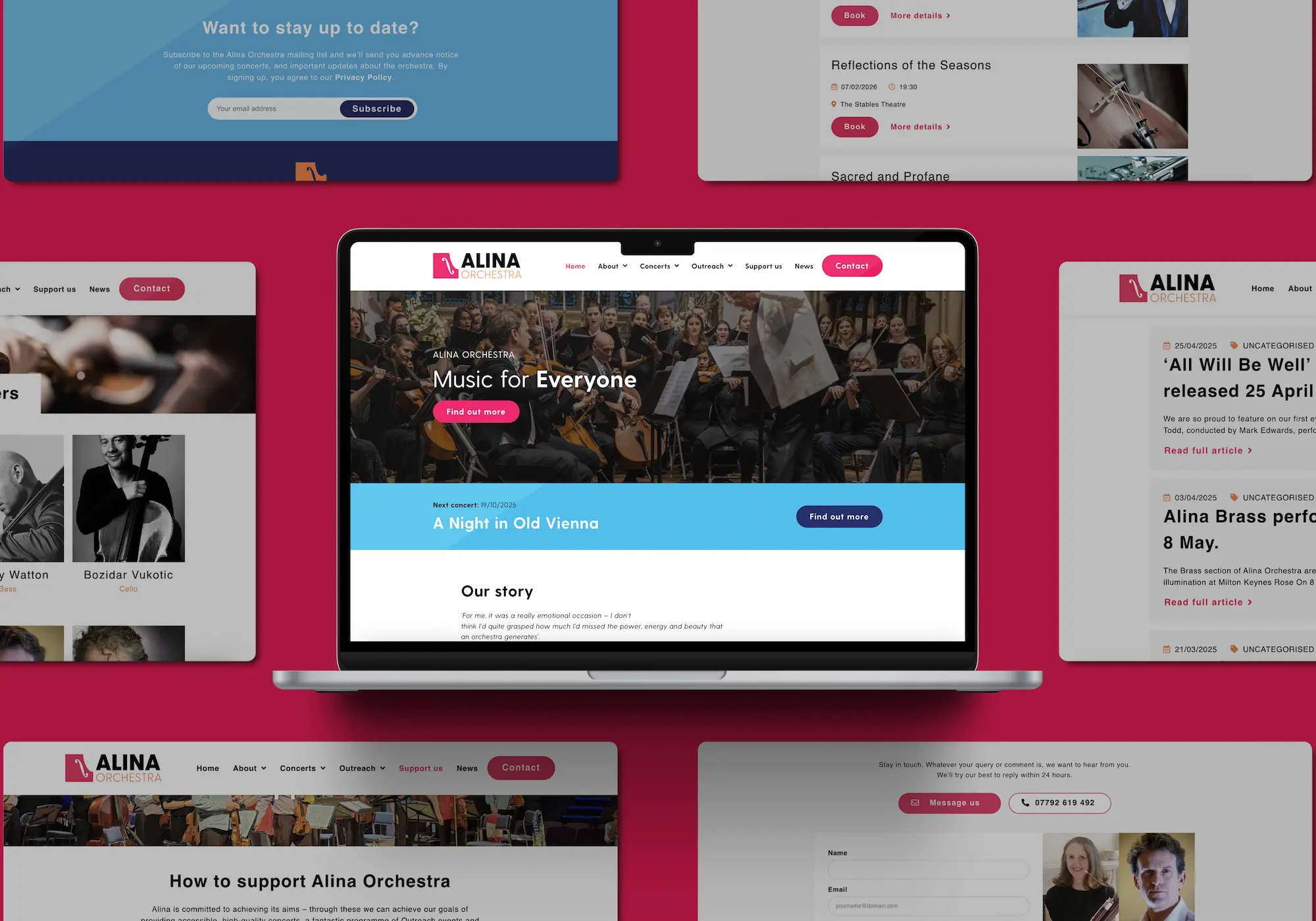 Various screens showing the different responsive design layouts of the Alina Orchestra website