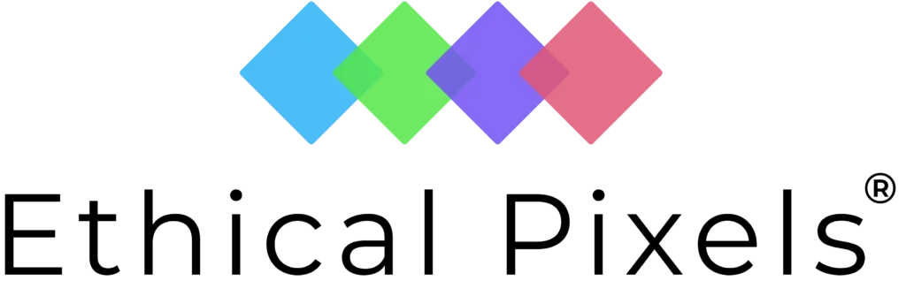 The Ethical Pixels® Logo - centralised. Four coloured diamonds, above the words 'Ethical Pixels'
