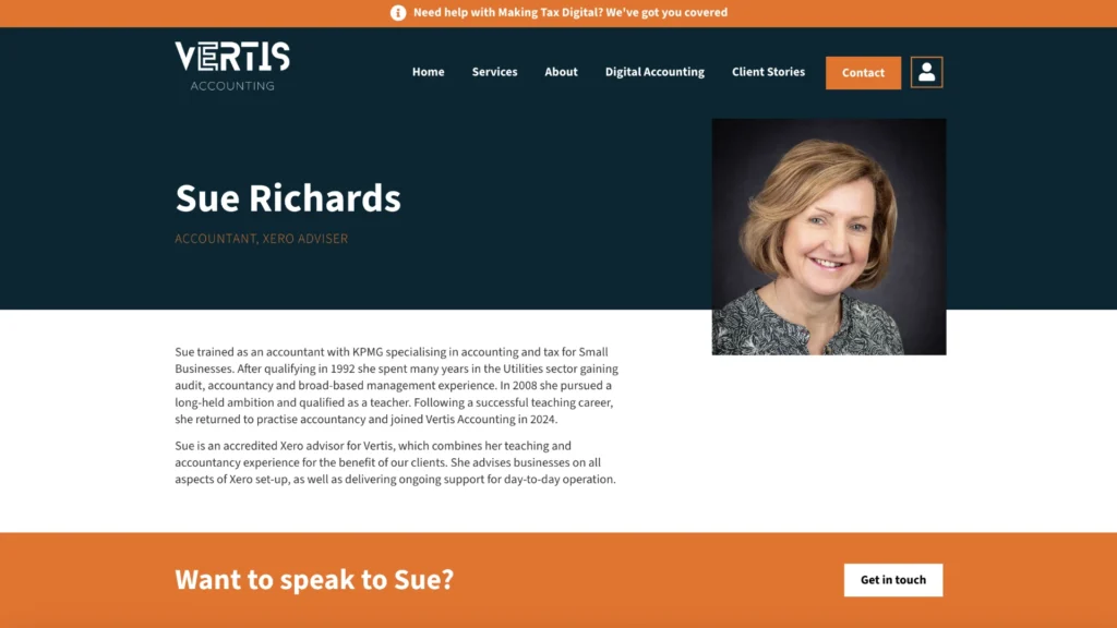 A screenshot of Vertis Accounting dynamic team biography pages. Ethical Pixels Case Study