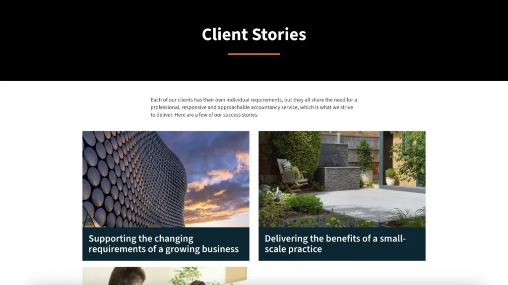 A screenshot of Vertis Accounting client stories. Ethical Pixels Case Study